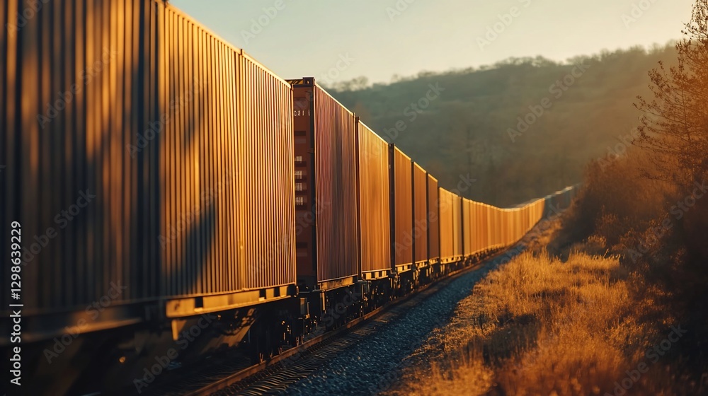 Fototapeta premium Cargo train at sunset through a rural landscape