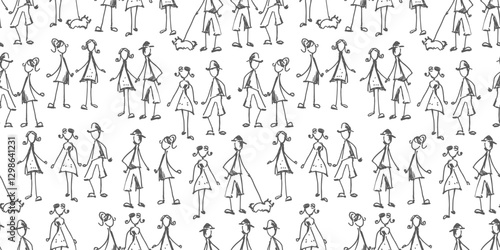 Seamless pattern of people doodles, crowd, contour hand drawn vector illustration, background, paper, wallpaper, fabric