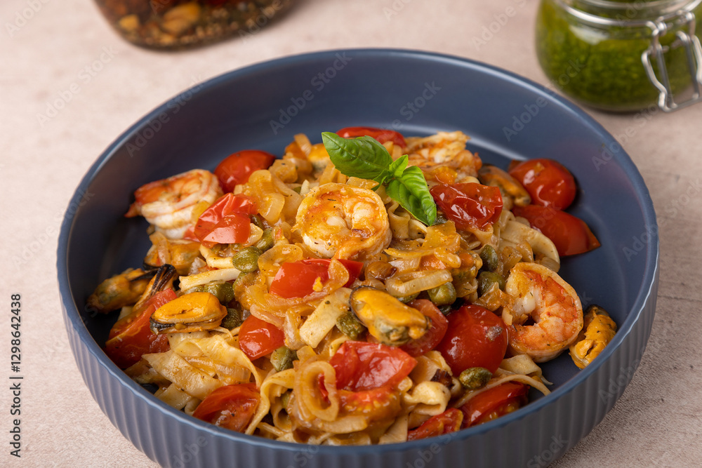 Noodles with shrimps, mussels, tomatoes, onions and capers. Pasta is served with olive oil and pesto sauce. Homemade traditional Mediterranean cuisine. Selective focus, close-up. Noodles with shrimps, mussels, tomatoes, onions and capers. Pasta is served with olive oil and pesto sauce. Homemade traditional Mediterranean cuisine. Selective focus, close-up.