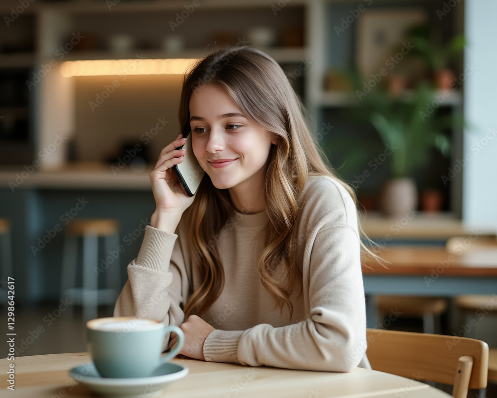smiling young woman having a pleasant phone conversation in a cafe smiling young woman having a pleasant phone conversation in a cafe