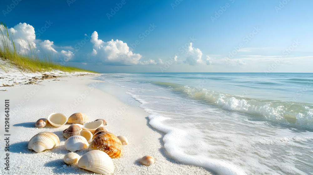 beach with untouched sand dunes, scattered with seashells, and the ocean calmly lapping at the shore under a clear sky beach with untouched sand dunes, scattered with seashells, and the ocean calmly lapping at the shore under a clear sky