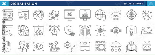 A set of line icons related to Digitalization. Digital, technology, network, binary, circuit, and so on. Vector editable stroke.