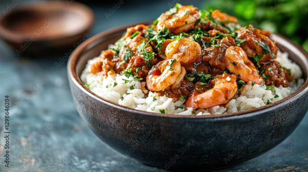 A visually appealing shrimp and rice bowl topped with a generous amount of chopped herbs, creating a fresh and vibrant presentation that is hard to resist. A visually appealing shrimp and rice bowl topped with a generous amount of chopped herbs, creating a fresh and vibrant presentation that is hard to resist.