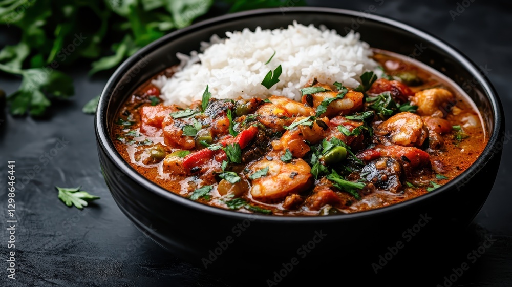 A hearty shrimp stew featuring vibrant vegetables and fluffy rice, presented in a dark bowl that emphasizes the rich colors, inviting warmth, and comforting flavors. A hearty shrimp stew featuring vibrant vegetables and fluffy rice, presented in a dark bowl that emphasizes the rich colors, inviting warmth, and comforting flavors.