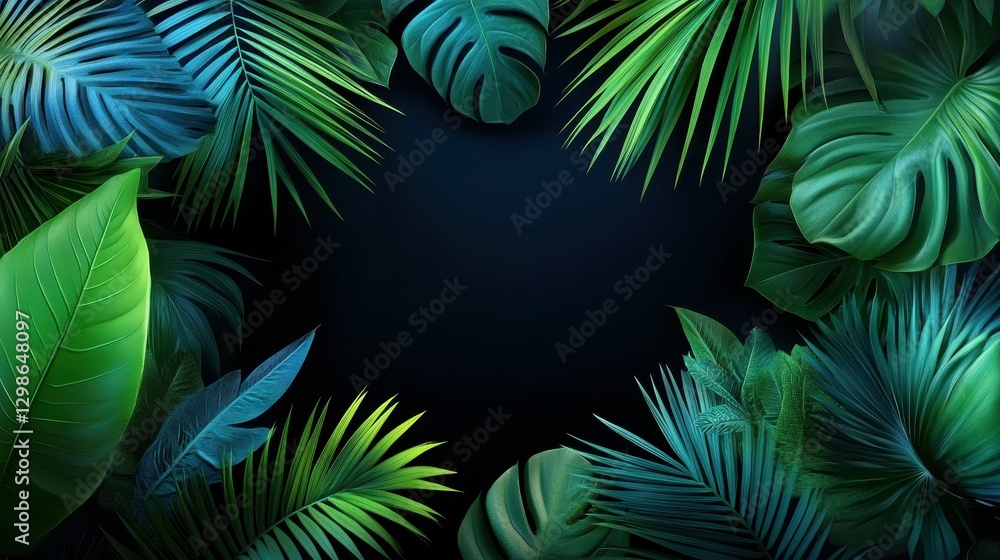 Fototapeta premium Vibrant green tropical leaves framing a dark background for a calming atmosphere.