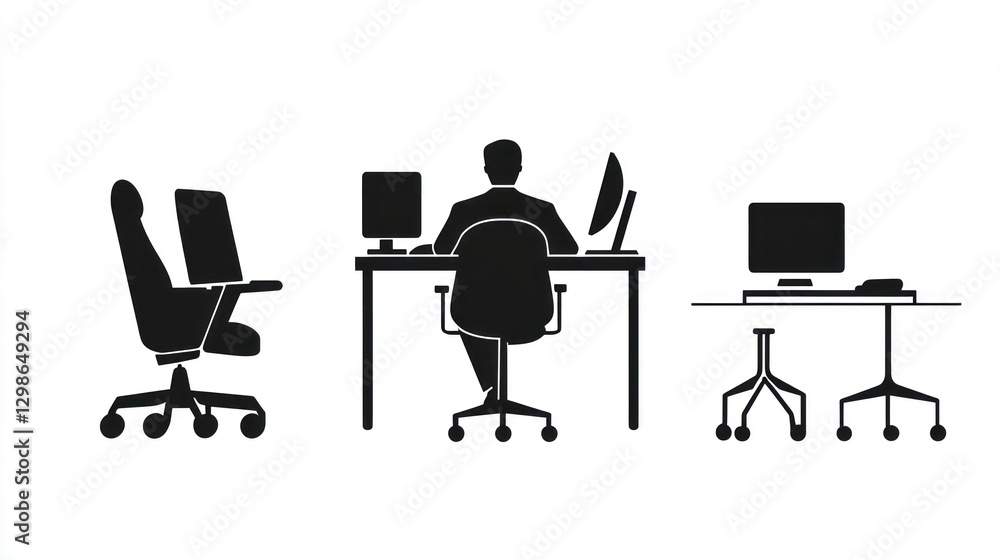 Fototapeta premium Office worker at desk, various chairs, modern workplace
