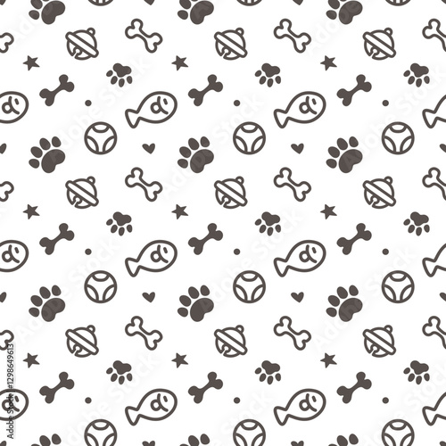 Seamless pattern brown color cat, dog, paw footprint, and pet toy design background for wallpaper, wrapping, paper, and fabric. Vector illustration on isolated white background.