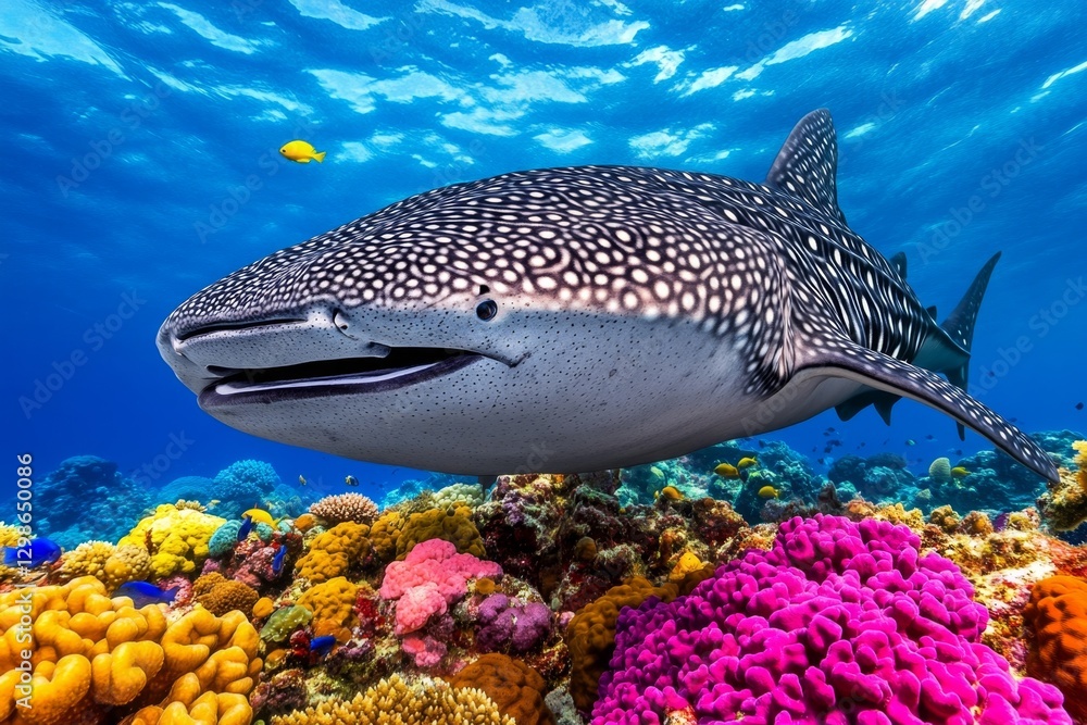 Fototapeta premium A whale shark peacefully swimming past a coral reef, its massive silhouette contrasting with the vibrant colors