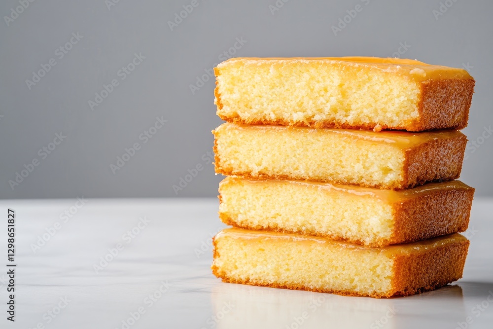 Fototapeta premium Stack of golden cornbread squares on marble surface, showcasing