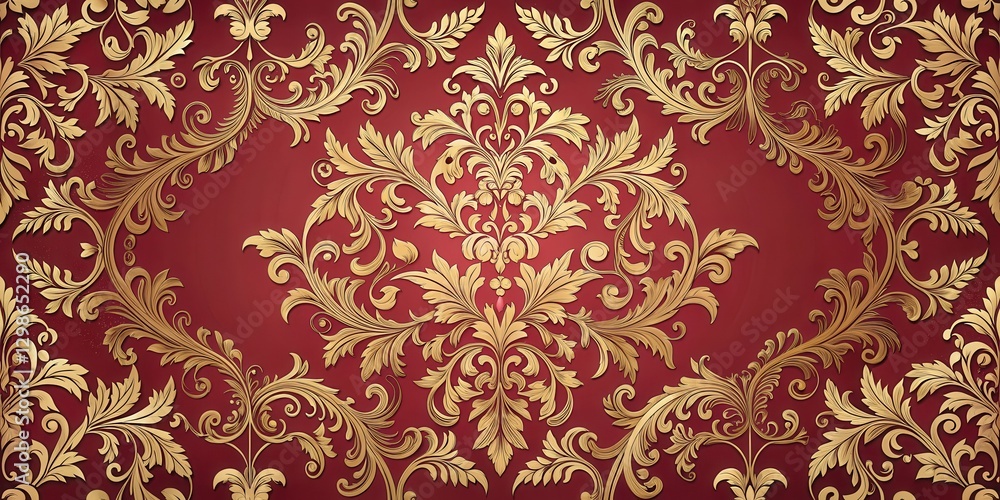 Elegant damask pattern with intricate gold-embroidered florals and scrolling vines on a muted red background, scrolling vine, classic style Elegant damask pattern with intricate gold-embroidered florals and scrolling vines on a muted red background, scrolling vine, classic style