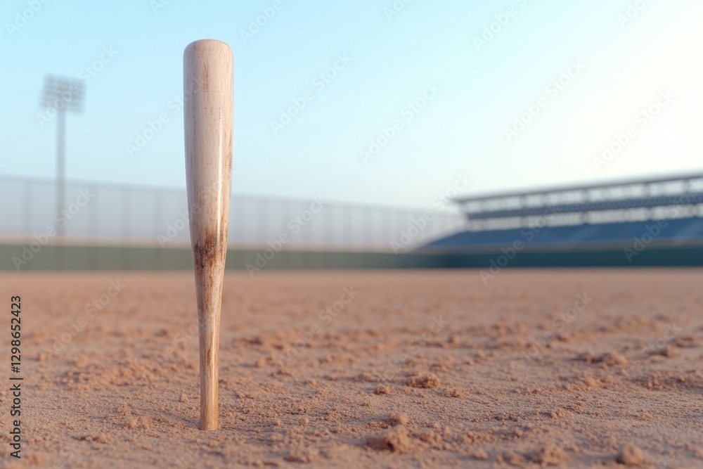 Wooden bat stands upright in sandy field, stadium lights glowing Wooden bat stands upright in sandy field, stadium lights glowing