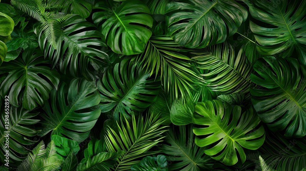 Dense tropical foliage with various green leaves creating a lush backdrop. Dense tropical foliage with various green leaves creating a lush backdrop.