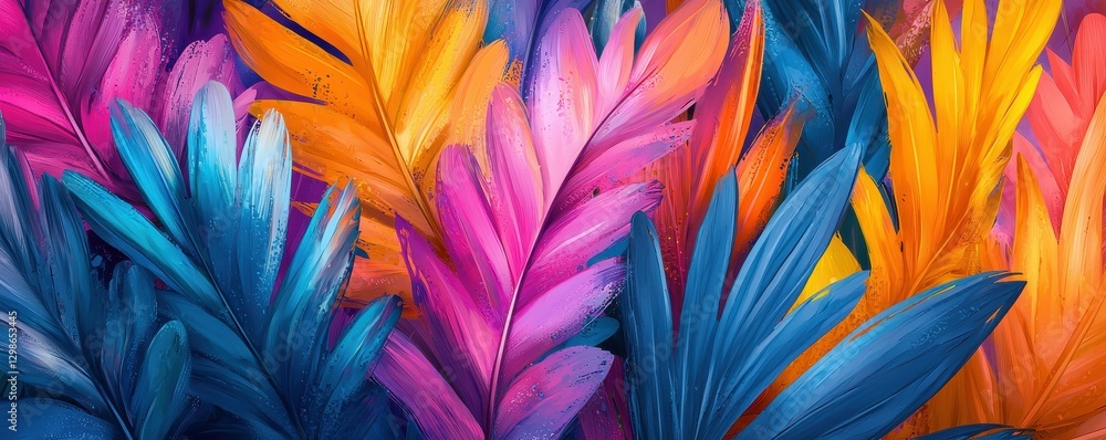 Vibrant tropical leaves in bold colors create a lively, artistic background. Vibrant tropical leaves in bold colors create a lively, artistic background.