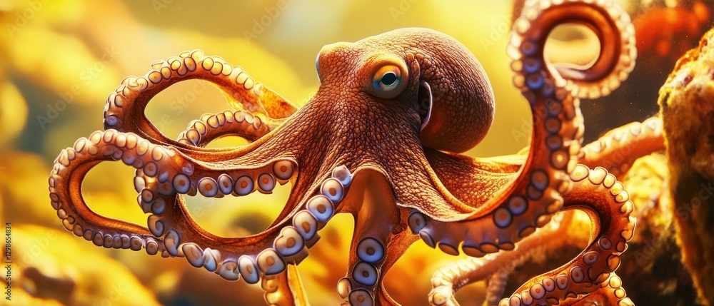 Fototapeta premium Close-up of a Brown Octopus with One Eye Visible and Tentacles in Focus