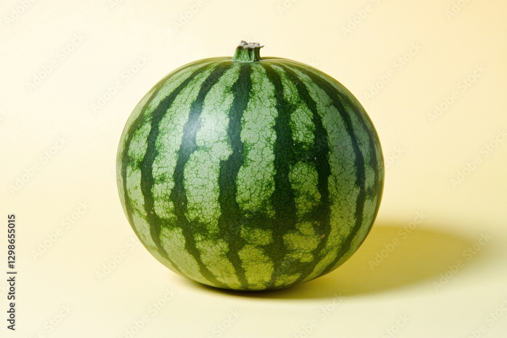 A solitary whole striped green watermelon on a yellow background A solitary whole striped green watermelon on a yellow background