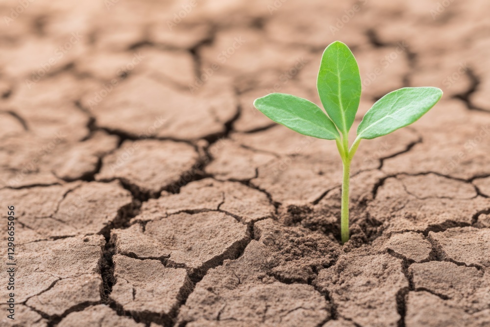 Green sprout emerging from cracked dry soil symbolizes resilienc Green sprout emerging from cracked dry soil symbolizes resilienc