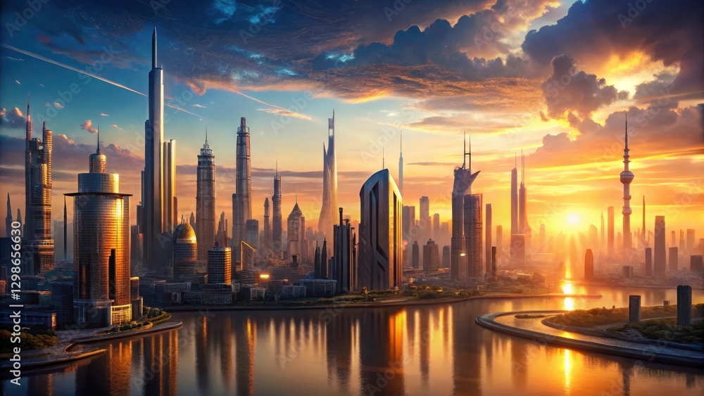 Obraz premium Detailed landscape of a futuristic cityscape at sunset, modern world, futuristic, modern world