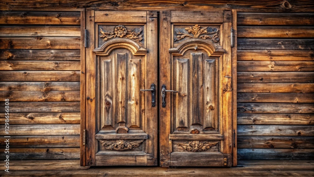 Distressed wooden saloon doors with intricate carvings and worn finish, hanging on a rustic wooden wall, evoking a sense of nostalgia and old west charm, vintage wooden doors, old west style Distressed wooden saloon doors with intricate carvings and worn finish, hanging on a rustic wooden wall, evoking a sense of nostalgia and old west charm, vintage wooden doors, old west style