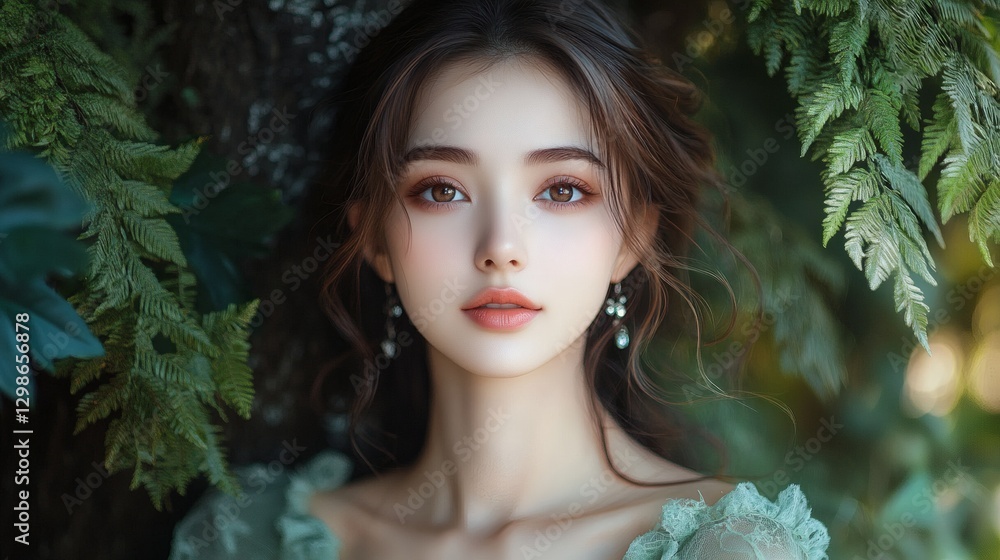 Enchanting Portrait of a Woman with a Delicate Expression Surrounded by Lush Greenery and Soft Light Enchanting Portrait of a Woman with a Delicate Expression Surrounded by Lush Greenery and Soft Light