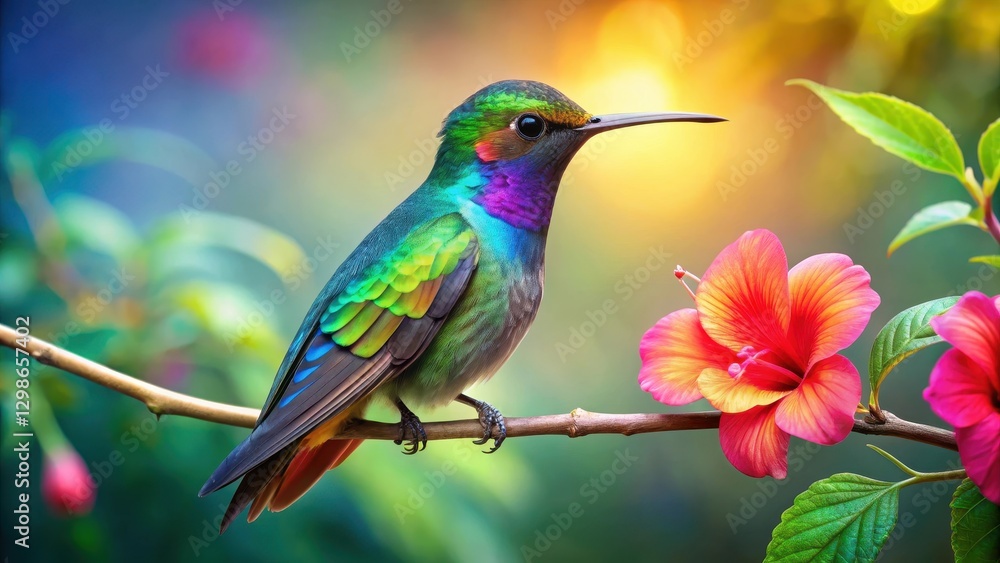 Fototapeta premium A vibrant, iridescent hybrid creature with the body of a hummingbird and the delicate petals of a hibiscus flower perched on a tropical branch, birds, floral
