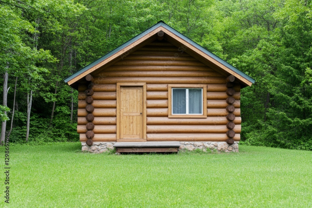 A small wooden cabin hidden deep in the forest, surrounded by tall pines A small wooden cabin hidden deep in the forest, surrounded by tall pines