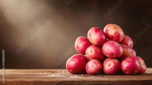 A beautiful arrangement of fresh red potatoes stacked on a rustic wooden table showcases the earthy tones of nature and the simple pleasures of farm-to-table food.