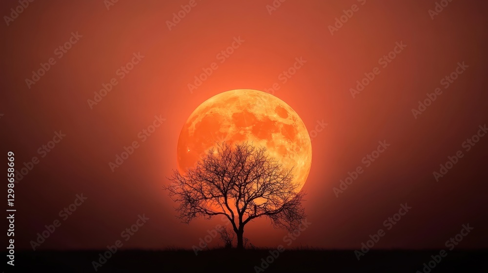 Obraz premium A striking silhouette of a bare tree standing alone against a backdrop of a colossal orange moon, evoking feelings of solitude and reflection in nature.