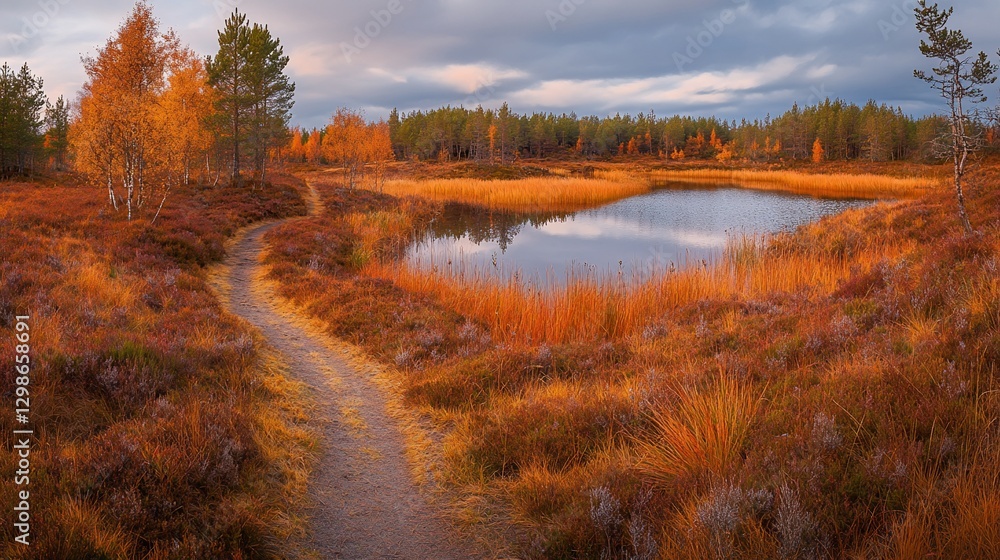 Autumn landscape with a winding path leading to a small lake reflecting the cloudy sky and surrounding trees Autumn landscape with a winding path leading to a small lake reflecting the cloudy sky and surrounding trees