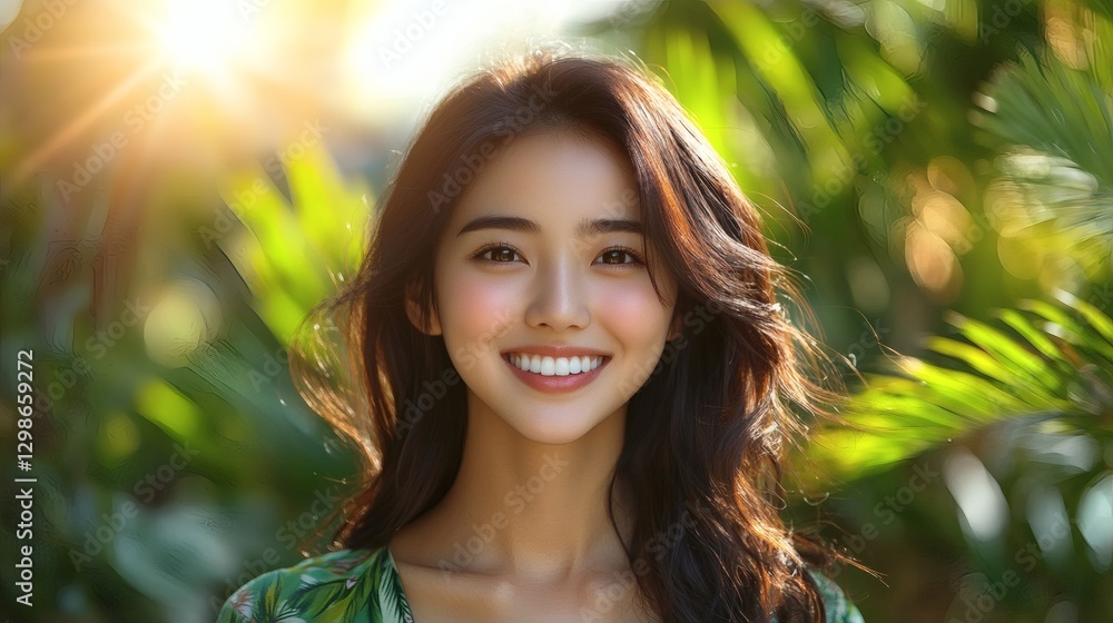 Smiling Woman in Lush Greenery Sunlight Portrait Displaying Happiness and Tranquility in Serene Setting Smiling Woman in Lush Greenery Sunlight Portrait Displaying Happiness and Tranquility in Serene Setting