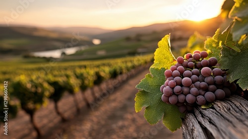 A close-up view of a bunch of ripe grapes set against a beautiful vineyard landscape during sunset, showcasing the natural beauty and bounty of wine country. photo