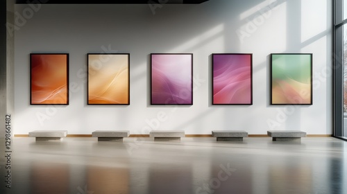 Colorful abstract art panels displayed in a well-lit gallery setting, showcasing a captivating blend of hues and shapes that energize the environment and enchant viewers. photo