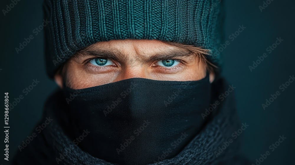 A focused man wearing a knitted beanie and a scarf stands against a dark background, showcasing striking icy blue eyes that convey depth and intrigue. A focused man wearing a knitted beanie and a scarf stands against a dark background, showcasing striking icy blue eyes that convey depth and intrigue.