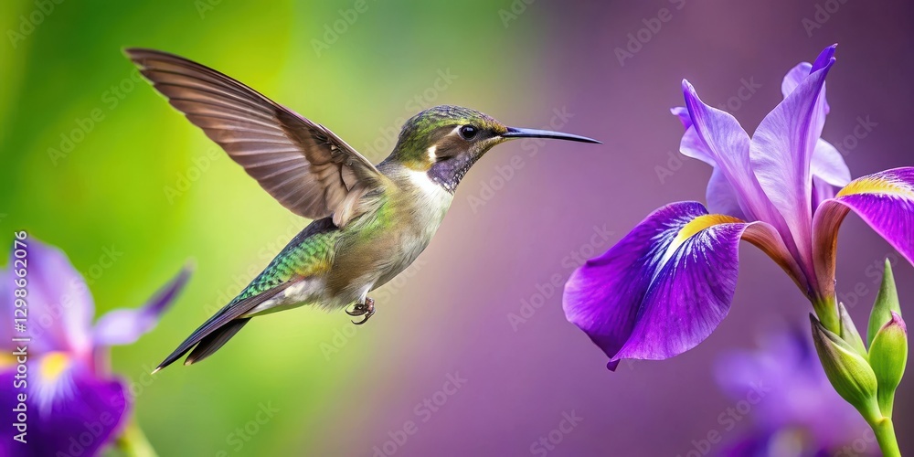 Fototapeta premium Delicate hummingbird perches on a vibrant purple iris flower, its tiny wings fluttering rapidly as it sips nectar