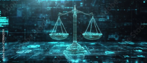 Digital Scales of Justice with Glowing Blue Circuitry