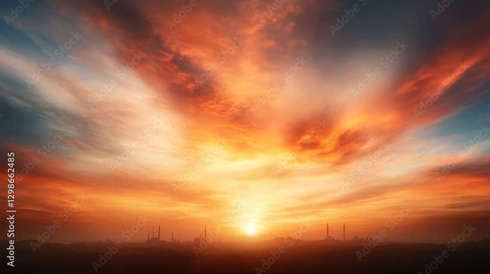 A striking sunset casting vivid colors over a silhouetted landscape, highlighting the contours of buildings and structures against a dramatic sky transitions. A striking sunset casting vivid colors over a silhouetted landscape, highlighting the contours of buildings and structures against a dramatic sky transitions.