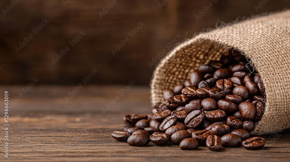 An artistic display of freshly brewed coffee beans spilling from a sack, evoking warmth and a cozy atmosphere ideal for coffee lovers and enthusiasts. An artistic display of freshly brewed coffee beans spilling from a sack, evoking warmth and a cozy atmosphere ideal for coffee lovers and enthusiasts.
