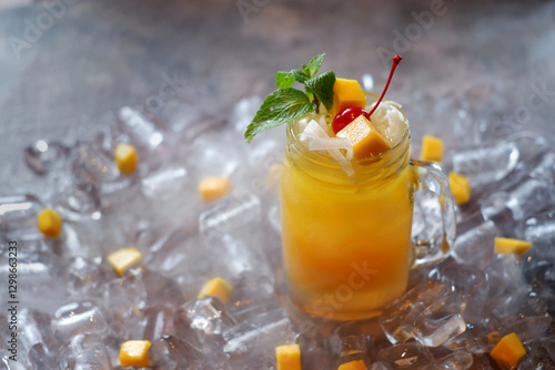A glass of orange juice with a cherry on top