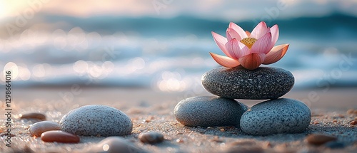 Pink Lotus Flower Resting on Stacked Stones at Sunset