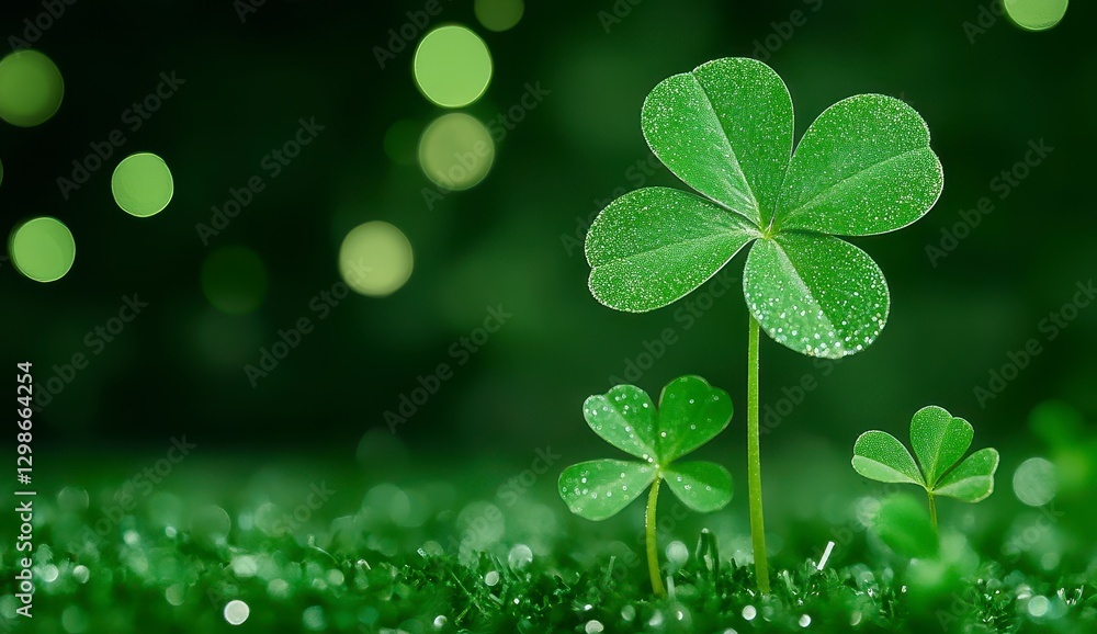 Three Shamrocks with Water Droplets on Green Bokeh Background Three Shamrocks with Water Droplets on Green Bokeh Background