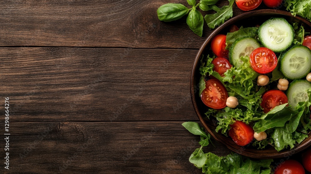 A vibrant salad featuring fresh greens, cherry tomatoes, cucumbers, and chickpeas arranged beautifully in a wooden bowl, perfect for healthy meal inspiration. A vibrant salad featuring fresh greens, cherry tomatoes, cucumbers, and chickpeas arranged beautifully in a wooden bowl, perfect for healthy meal inspiration.