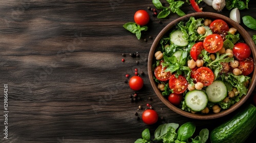 A vibrant, fresh salad composed of various vegetables, showcasing a splash of health and vitality, inviting viewers to explore the beauty and vibrancy of nutritious eating. photo