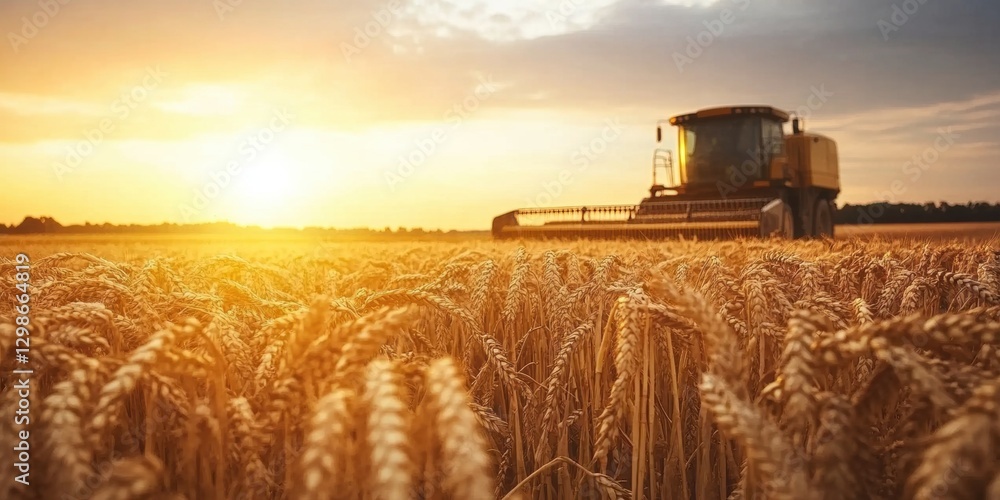 Fototapeta premium Harvesting wheat with a combine at sunset near a rural field