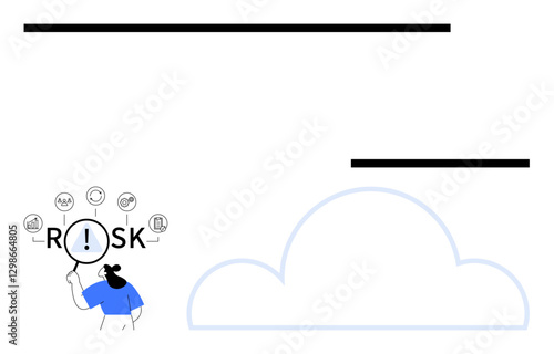 Woman examines Risk with magnifying glass surrounded by icons for security, finance, and data. Cloud emphasizes uncertainty and digital context. Ideal for risk management, data protection