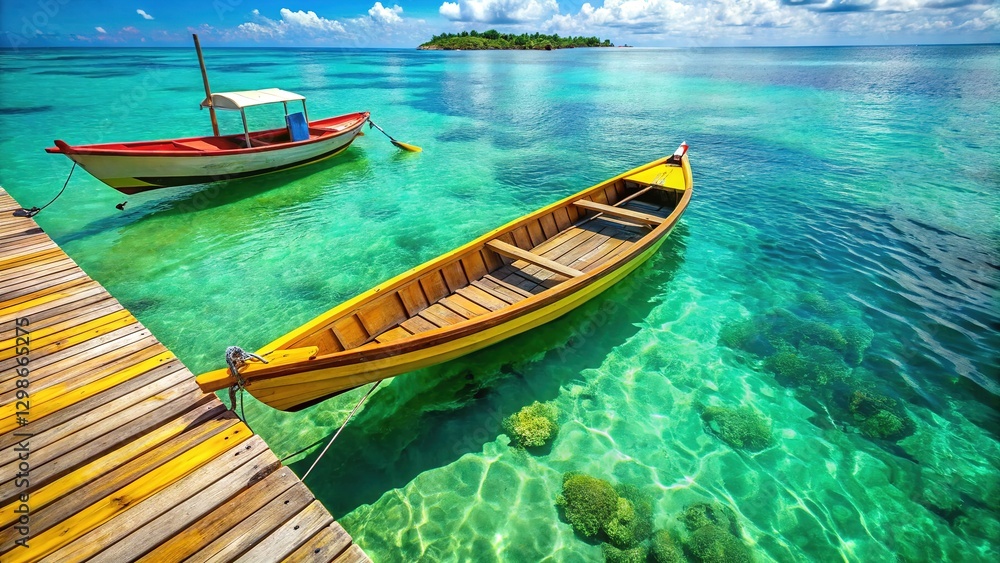 Naklejka premium A rustic boat, laden with limes, rests on tropical waters.
