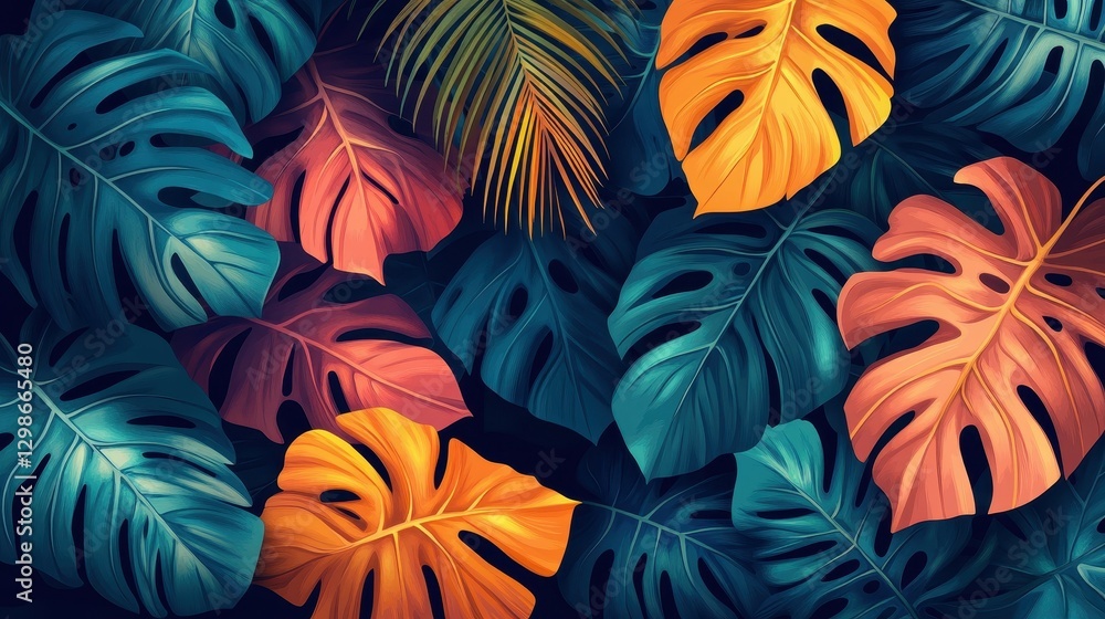 Vibrant arrangement of tropical leaves in shades of green, orange, and red. Vibrant arrangement of tropical leaves in shades of green, orange, and red.