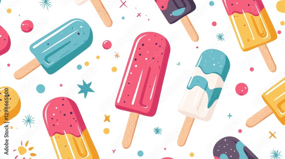Colorful Ice Cream Popsicles Pattern with Bright Background and Fun Decorative Elements for Summer and Party Themes Colorful Ice Cream Popsicles Pattern with Bright Background and Fun Decorative Elements for Summer and Party Themes