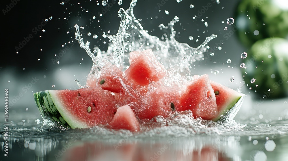 A vivid splash of watermelon slices interacting dynamically with water, emphasizing the playful and delightful aspect of enjoying fresh fruit in summer settings. A vivid splash of watermelon slices interacting dynamically with water, emphasizing the playful and delightful aspect of enjoying fresh fruit in summer settings.