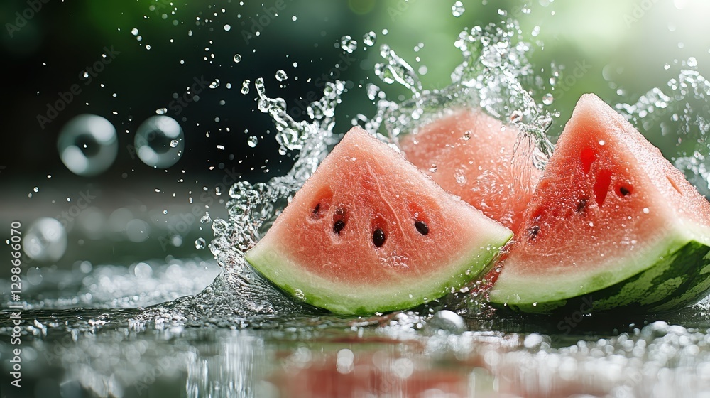 Watermelon wedges create an elegant splash in water, showcasing bright colors and the refreshing essence of summer fruits that stimulate the senses and evoke joy. Watermelon wedges create an elegant splash in water, showcasing bright colors and the refreshing essence of summer fruits that stimulate the senses and evoke joy.