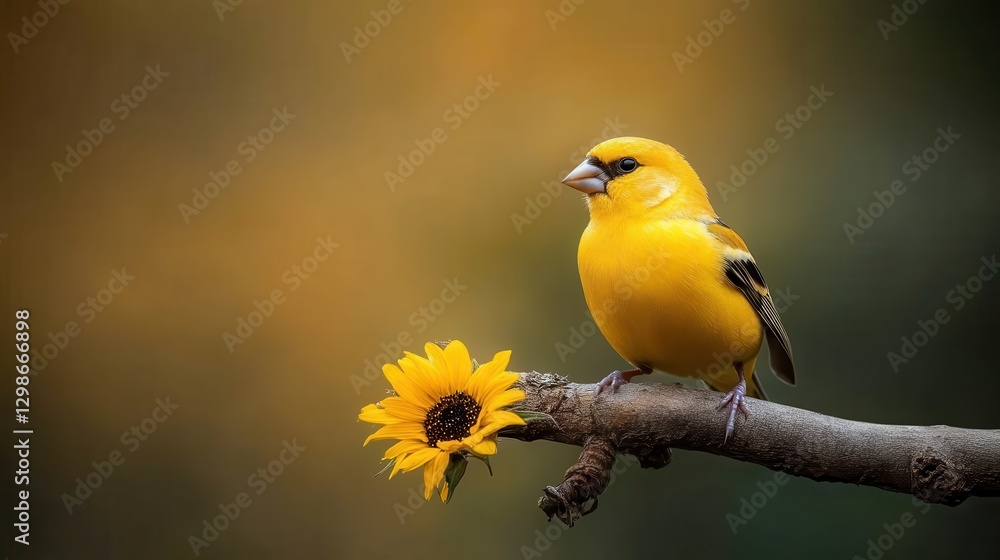 A beautiful yellow bird stands gracefully on a branch adorned with a sunflower, showcasing the delicate beauty of nature and the vibrancy of wildlife. A beautiful yellow bird stands gracefully on a branch adorned with a sunflower, showcasing the delicate beauty of nature and the vibrancy of wildlife.