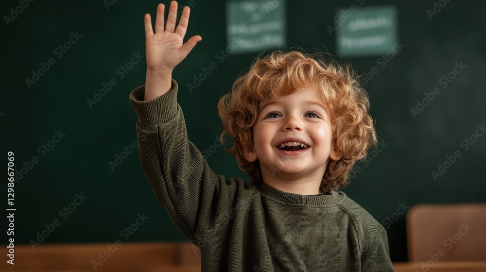 A joyful child enthusiastically raises a hand in a classroom, symbolizing eagerness to learn, curiosity, and the vibrant spirit of childhood education and engagement. A joyful child enthusiastically raises a hand in a classroom, symbolizing eagerness to learn, curiosity, and the vibrant spirit of childhood education and engagement.